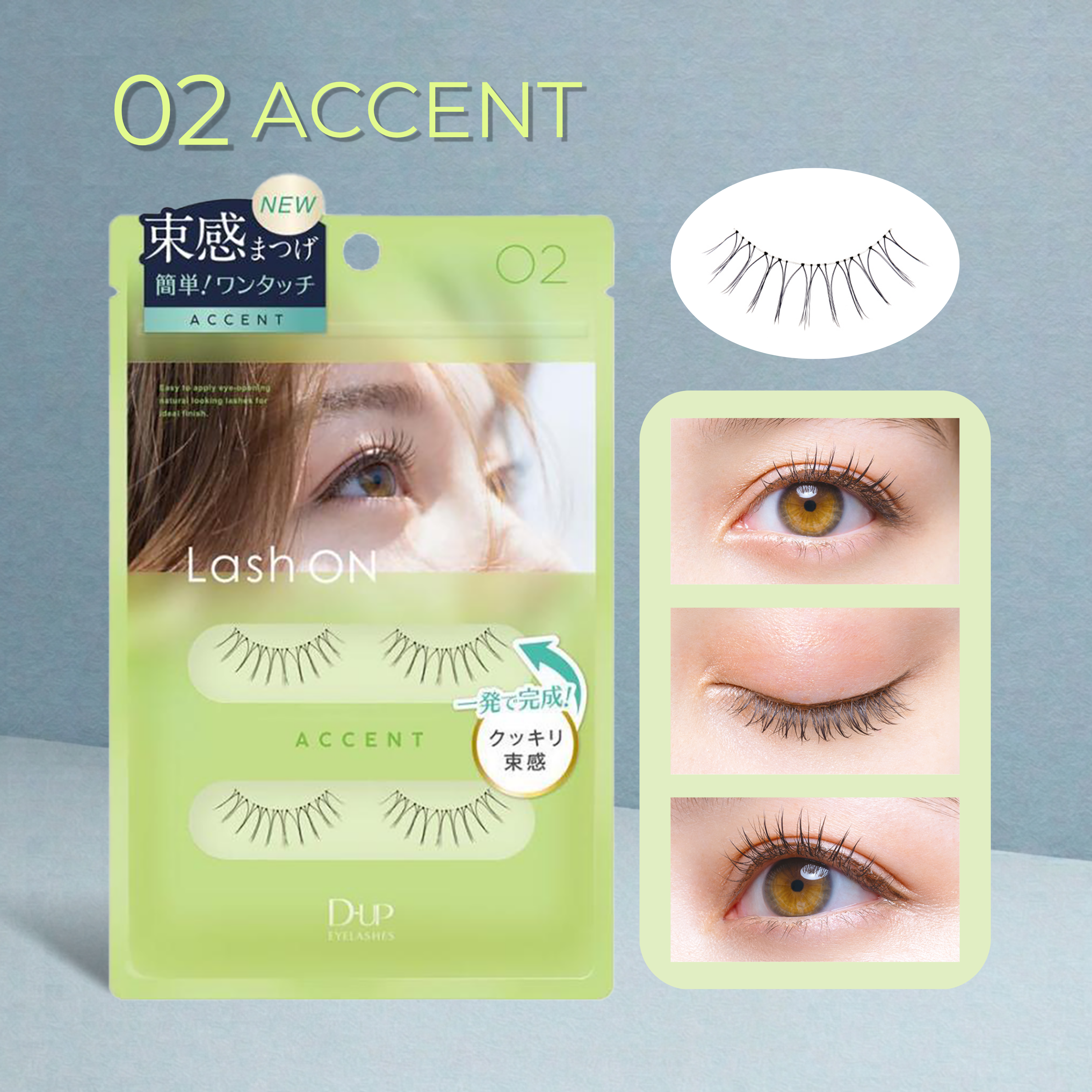 Lash packaging with false eyelashes and a woman's eye wearing them on a gray background