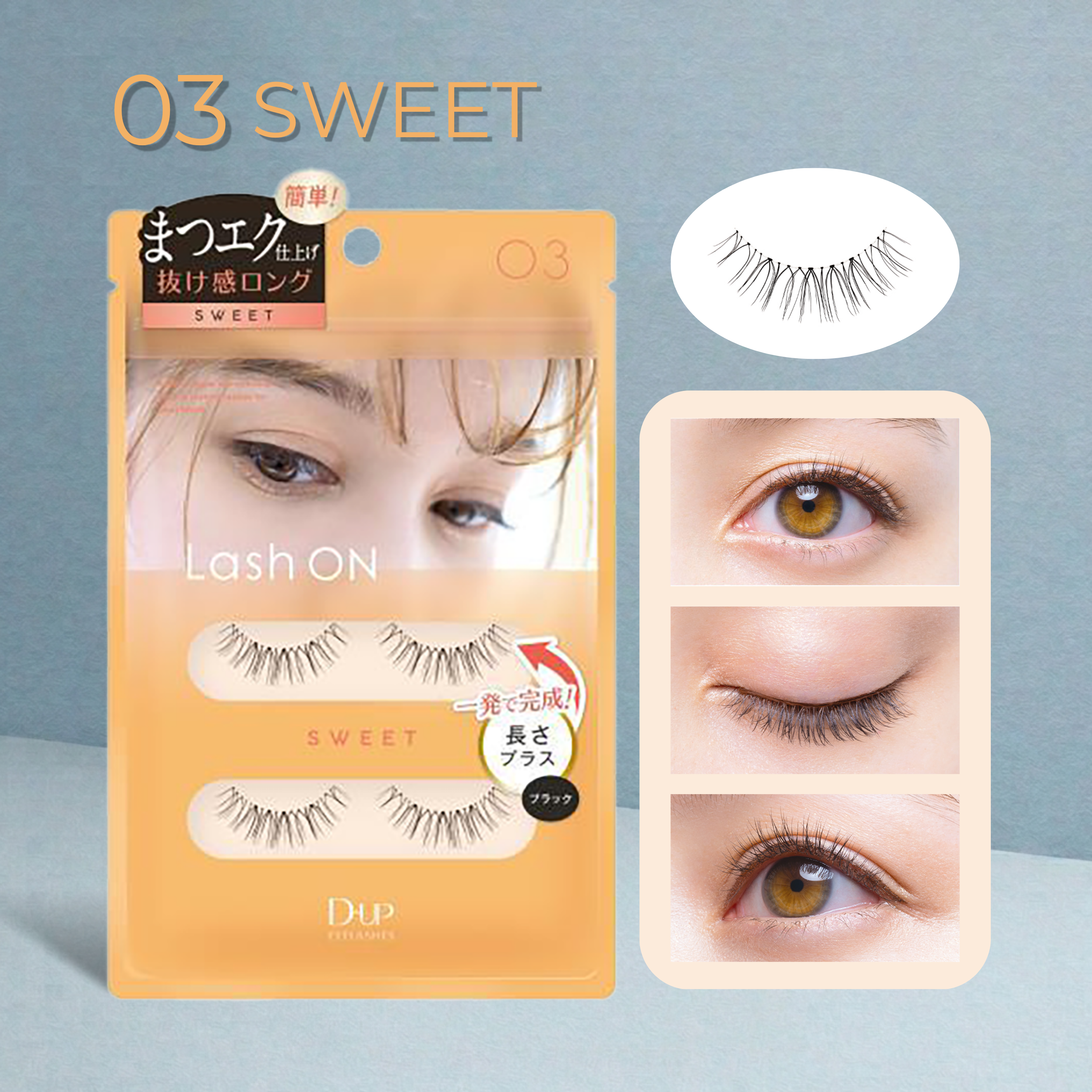 Eyelash packaging with false eyelashes and a model wearing them on a blue background