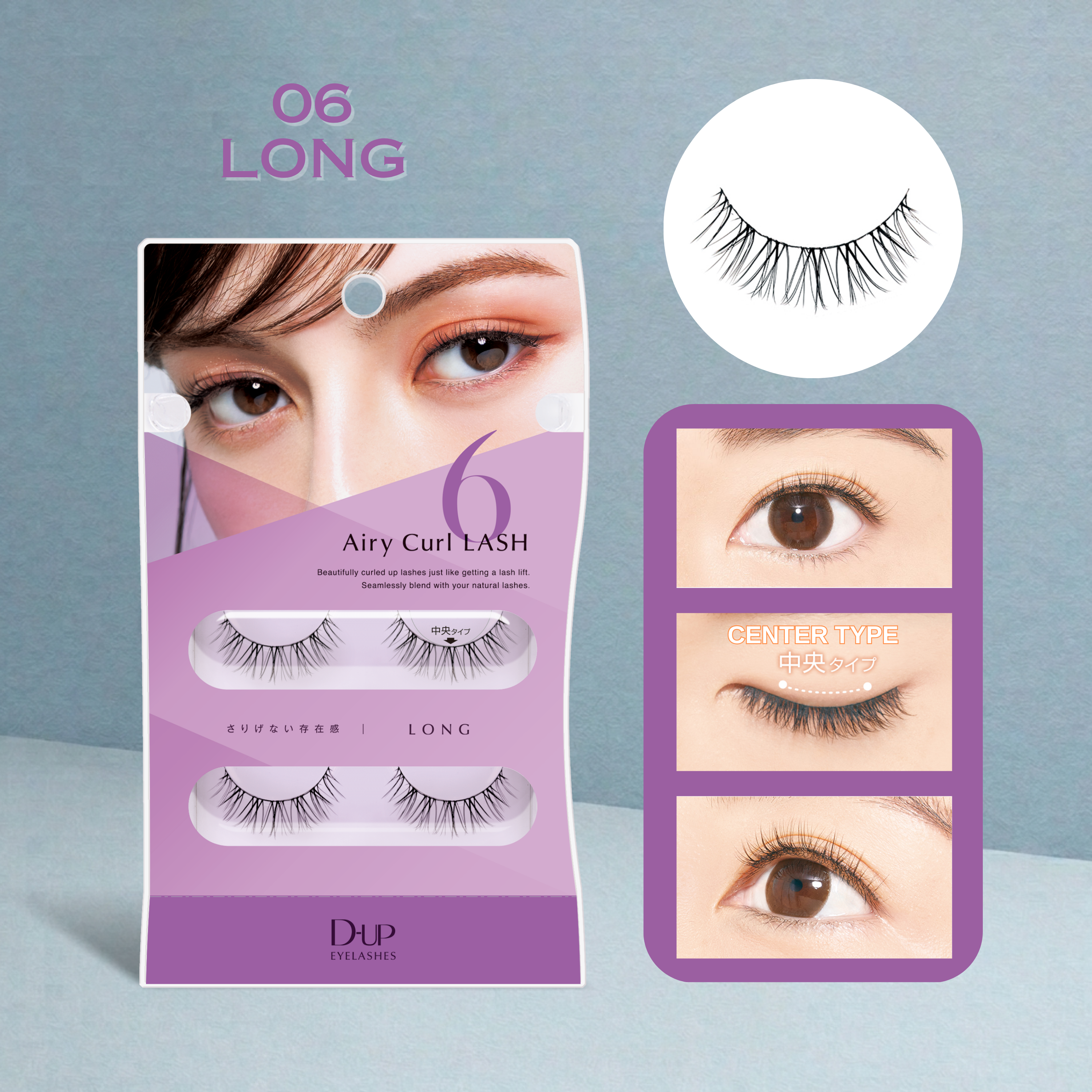 Eyelash packaging with a model wearing the lashes on a light blue background