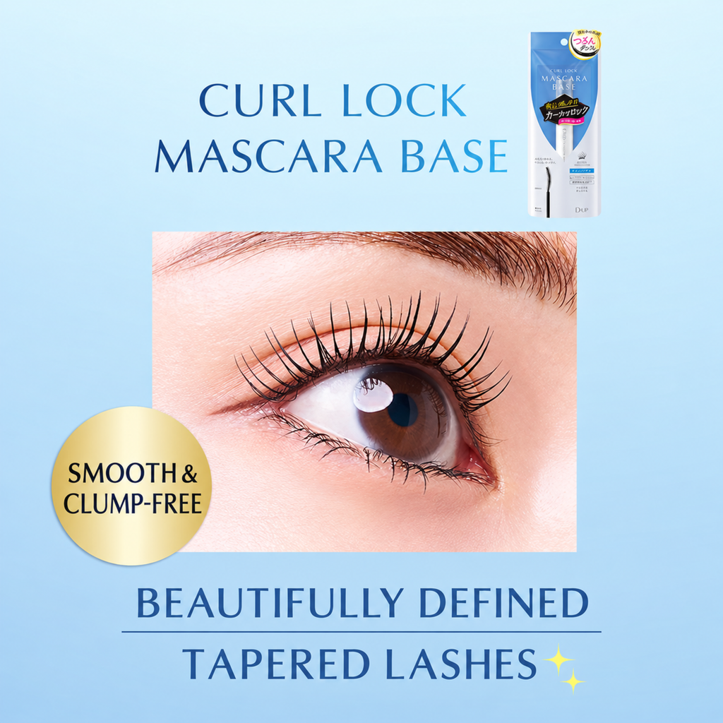 Curl Lock Mascara Base advertisement featuring a close-up of a human eye with long, curled eyelashes, alongside the product packaging and promotional text on a light blue background.