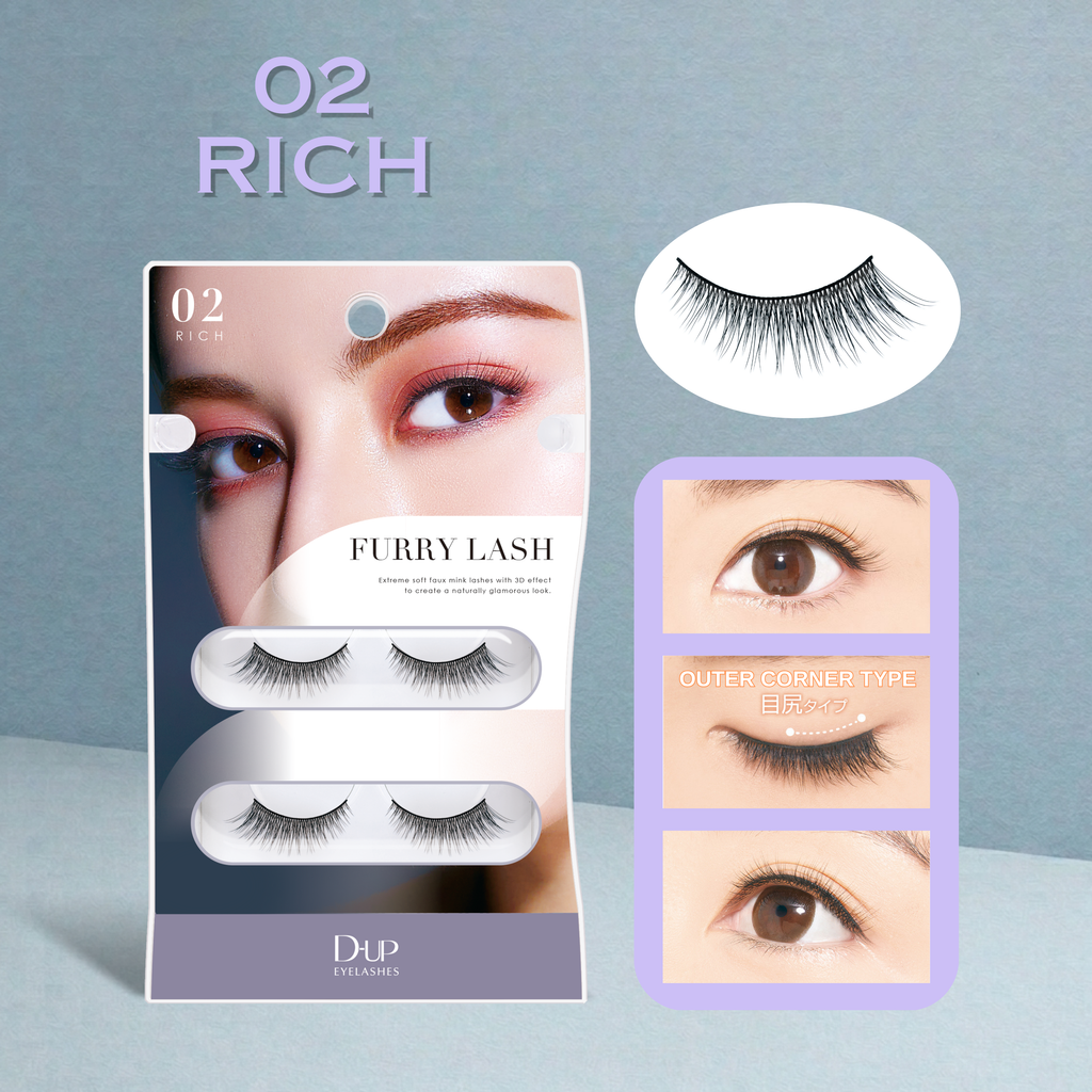 Faux eyelashes packaging with a close-up of an eye wearing the lashes on a gray background.