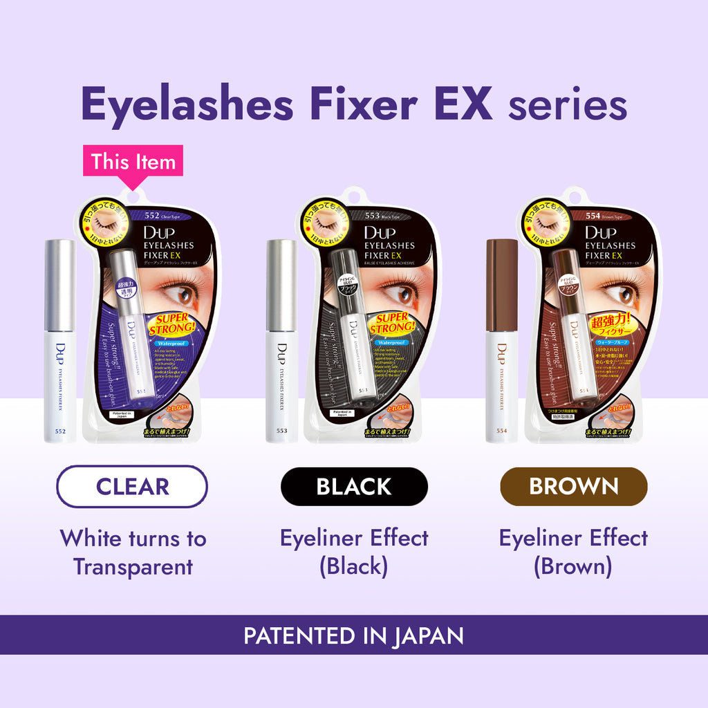 Eyelashes Fixer EX series with clear, black, and brown options on a purple background.