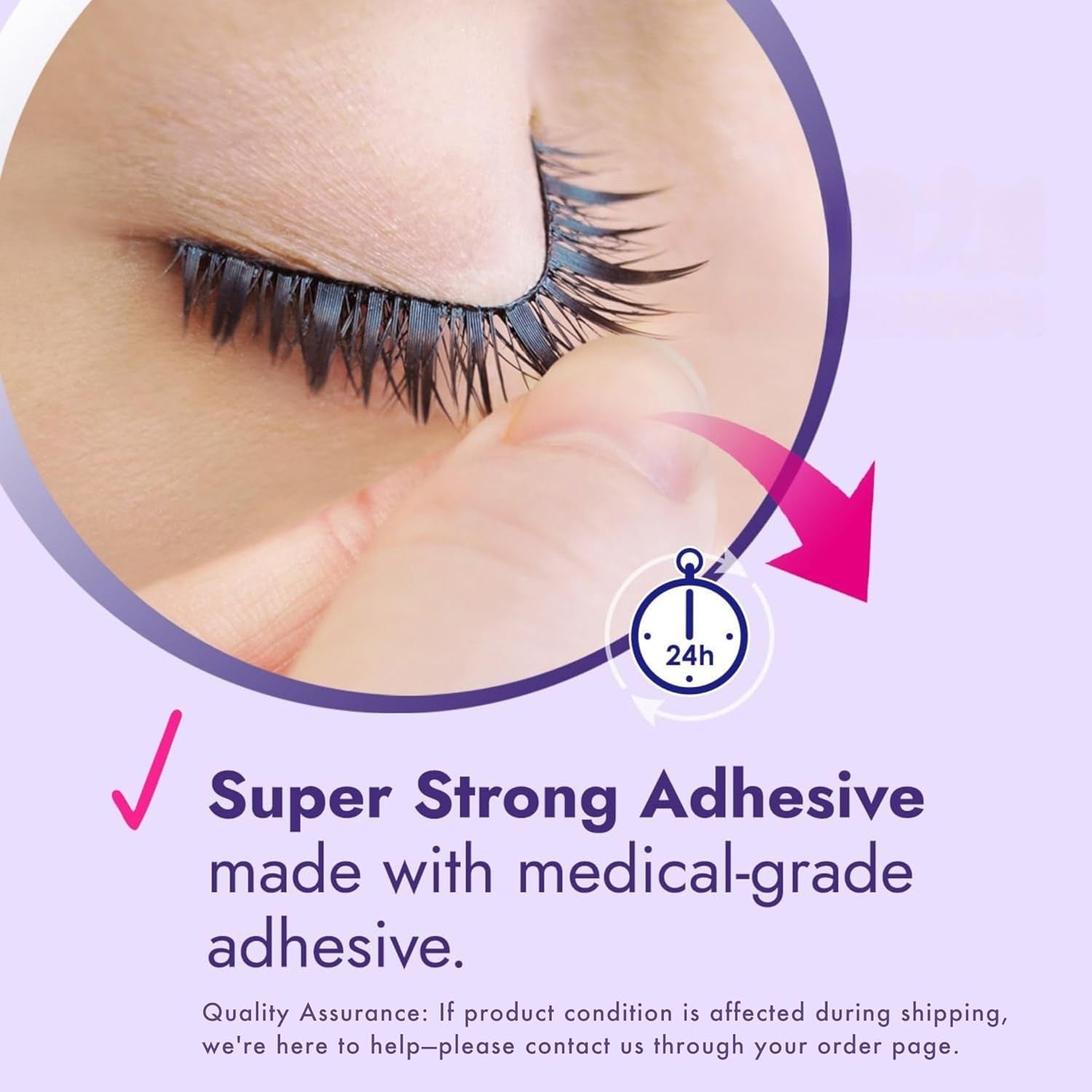 Eyelash application with text about super strong adhesive and medical-grade quality assurance.
