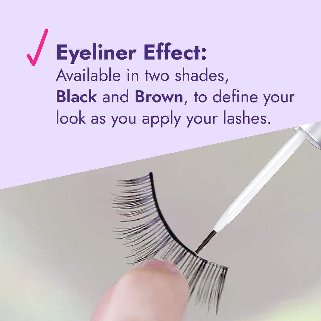 Eyelash with applicator and text about eyeliner effect on a gradient background