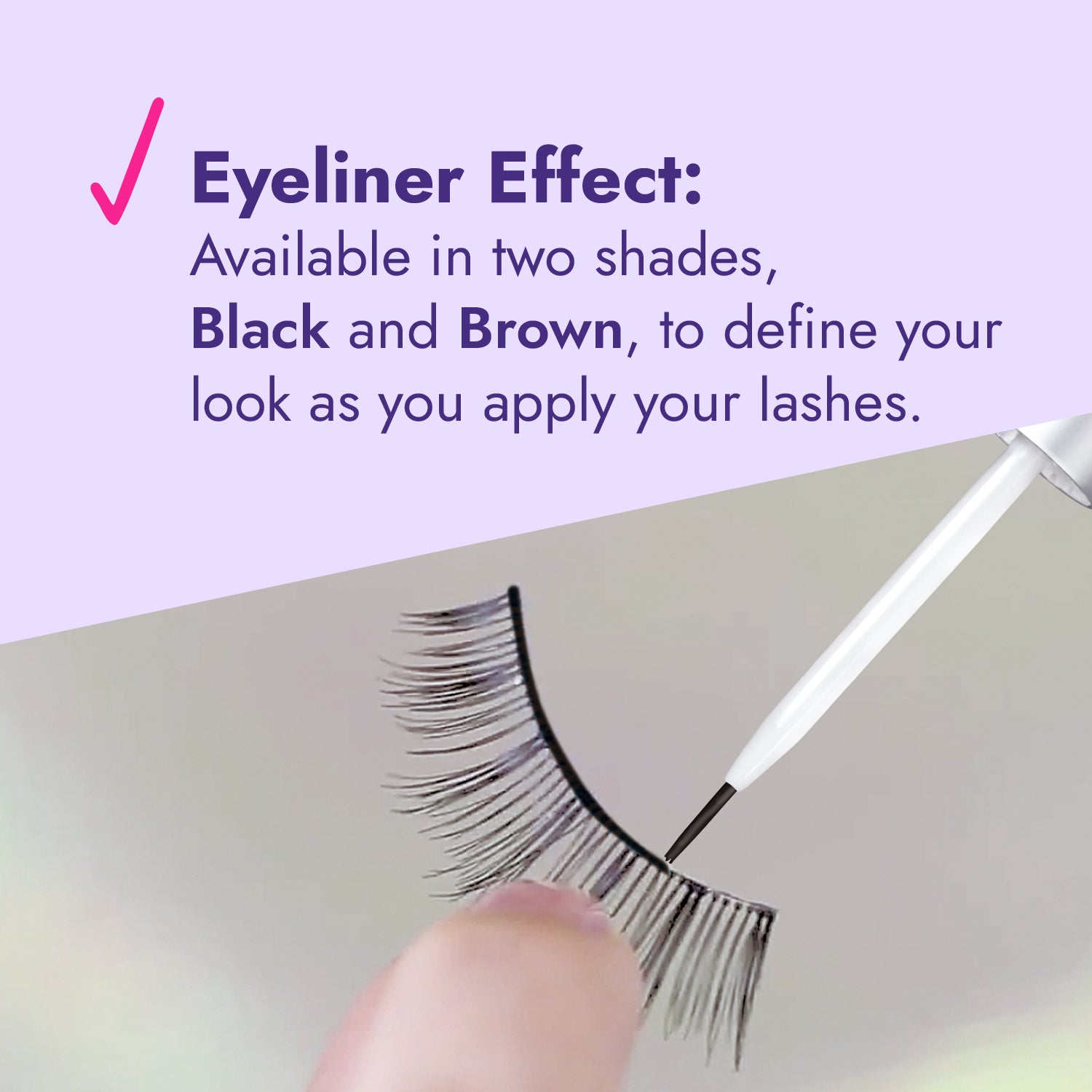 Eyelash with applicator and text about eyeliner effect on a gradient background