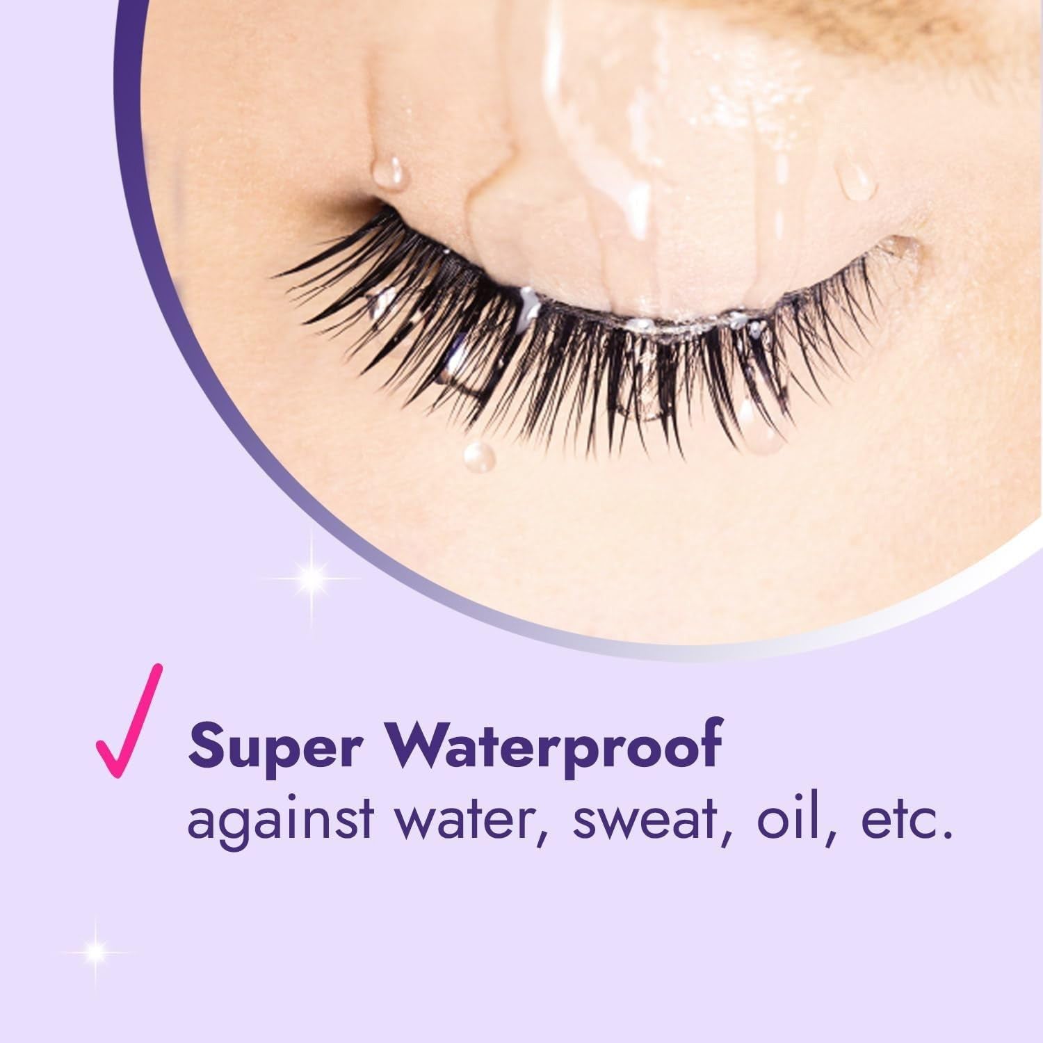 Eyelashes with a purple background and text indicating waterproof properties.