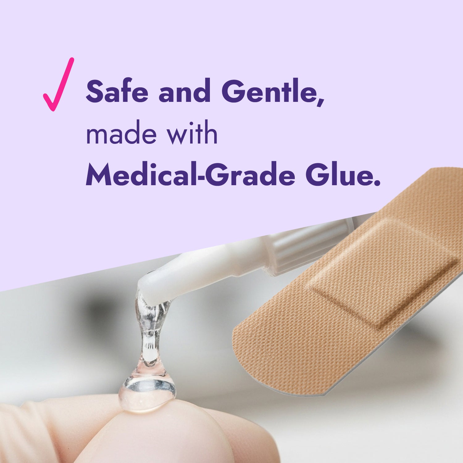 Medical-grade glue being applied with a bandage on a light purple background