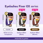 Eyelashes Fixer EX series packaging with clear, black, and brown options on a purple background.