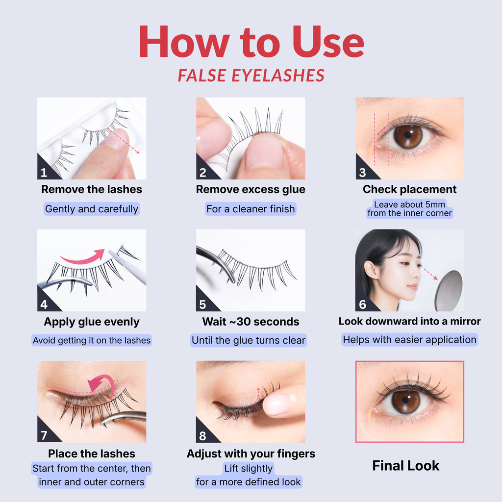 Step-by-step guide on how to use false eyelashes with visual illustrations.