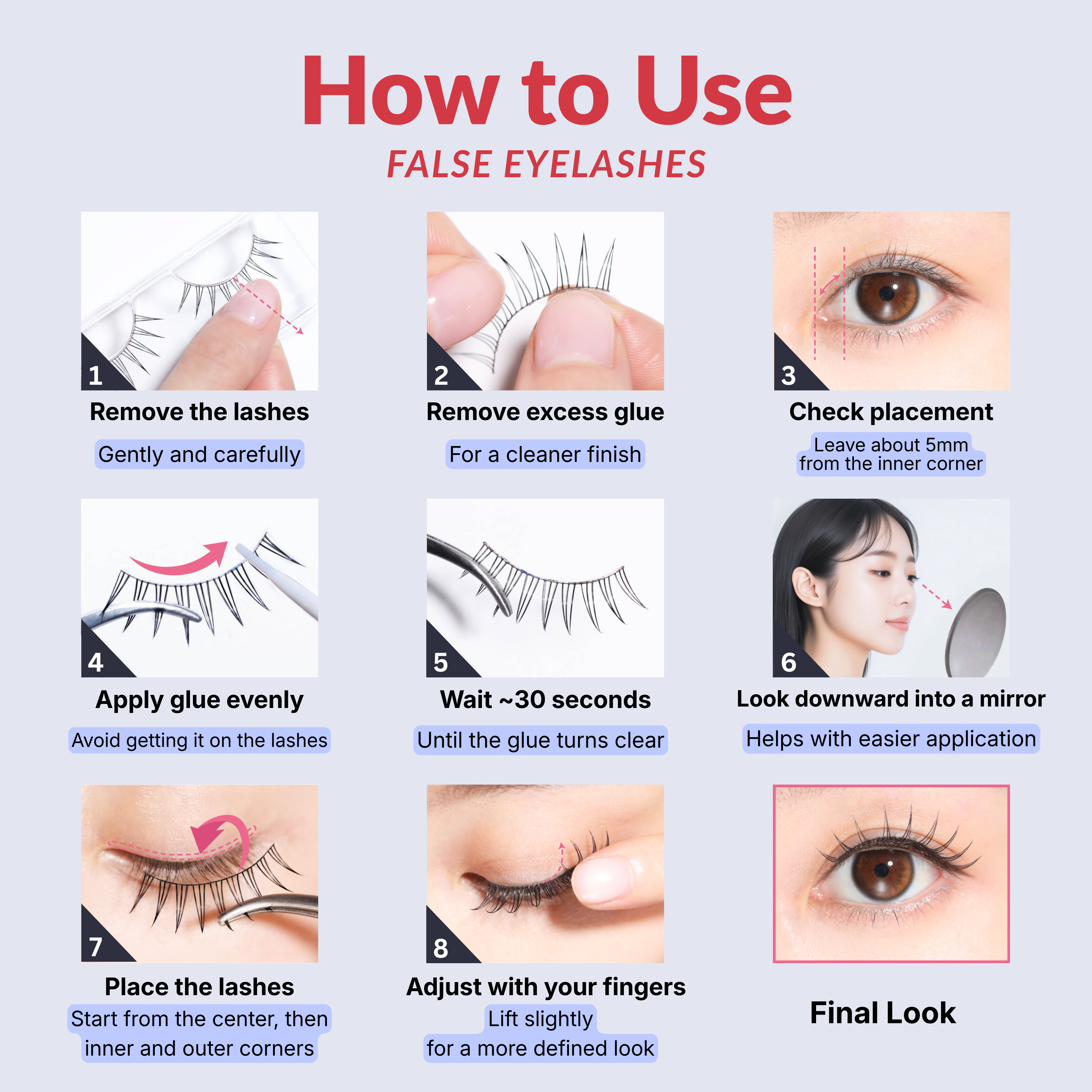 Step-by-step guide on how to use false eyelashes with visual illustrations.