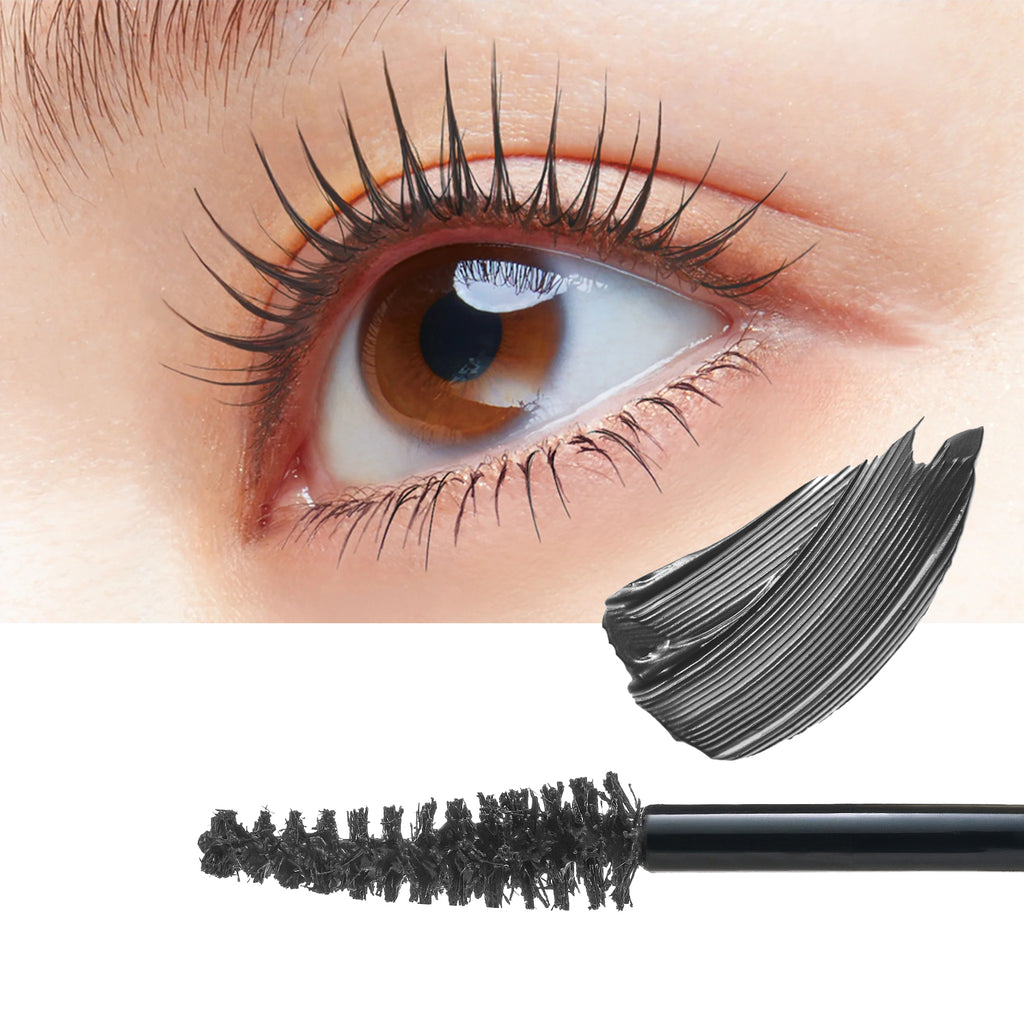 Close-up of a human eye with long, dark eyelashes, shown above a mascara wand and a swatch of black mascara on a white background.