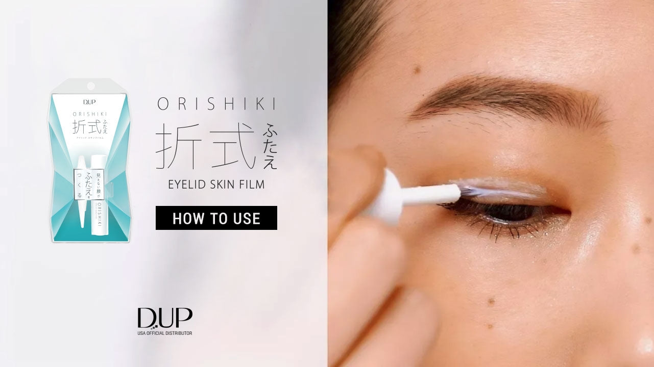 Instructions on how to use ORISHIKI eyelid skin film with a close-up of an eye applying the product.
