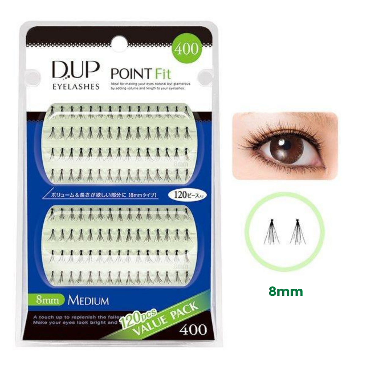 D.UP Eyelashes Point Fit 400 Value Pack medium eyelashes, featuring the retail packaging on the left and two informational graphics on the right (a close-up of a brown eye wearing long lashes and a diagram of two individual lashes labeled 8mm).