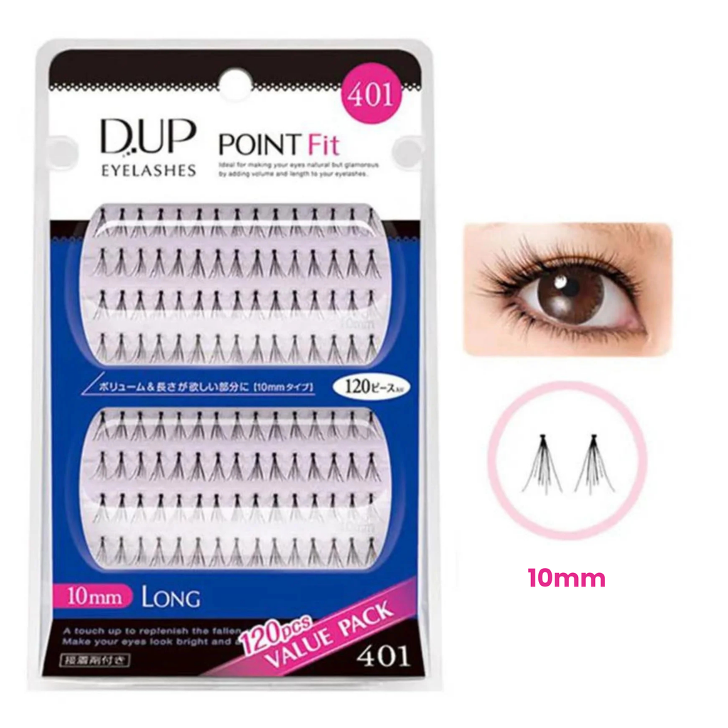 DUP Eyelashes Point Fit 401 10mm long false eyelash clusters in a 120-piece value pack, shown in its retail packaging alongside an inset image of a human eye wearing the lashes and a graphic indicating 10mm length.