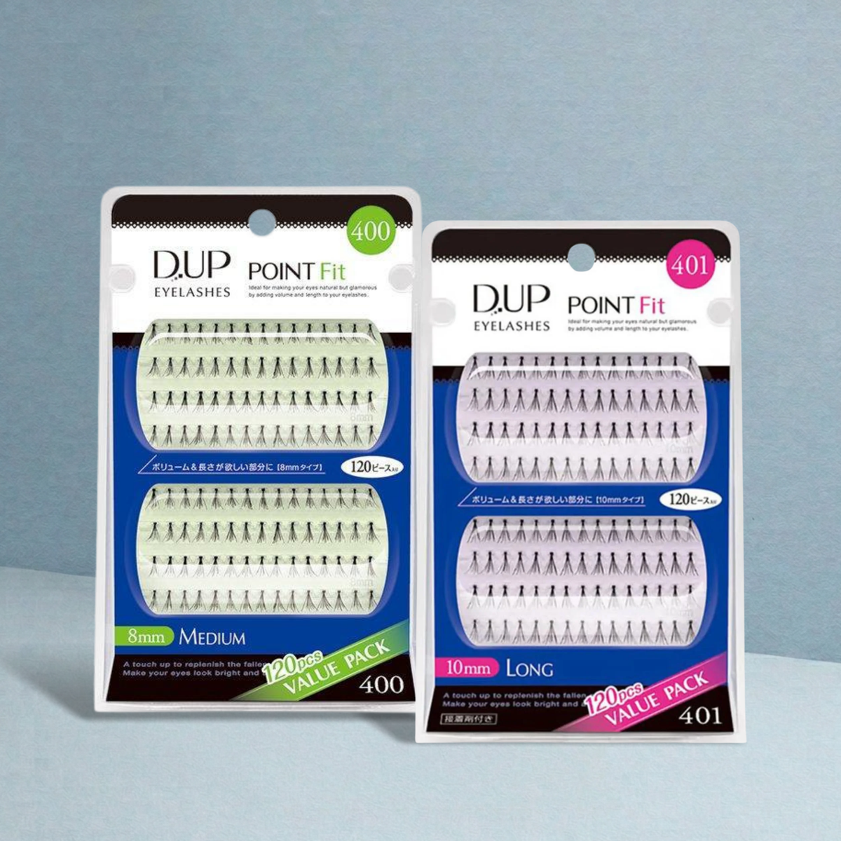 Two packages of DUP Eyelashes Point Fit false eyelashes displayed on a light blue-gray background. The left package is labeled 400 in green and shows medium-length lashes, while the right package is labeled 401 in pink and shows long lashes.