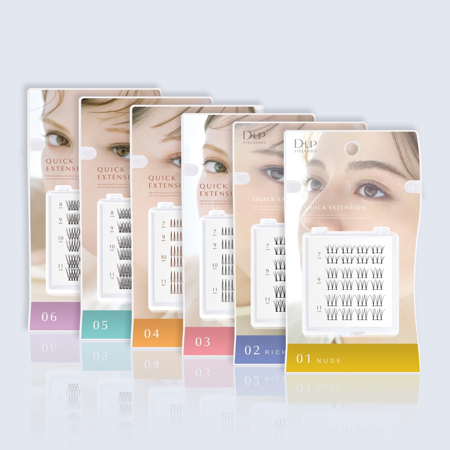 Set of false eyelash packaging with color swatches on a light gray background