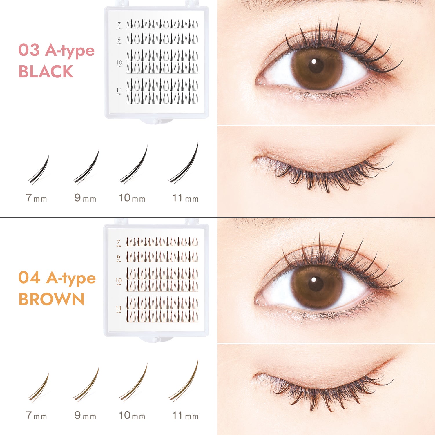 Eyelash extensions with size measurements and color options displayed on a white background.