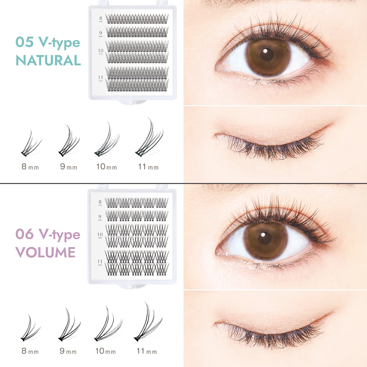 False eyelashes with different types and sizes displayed on a white background.