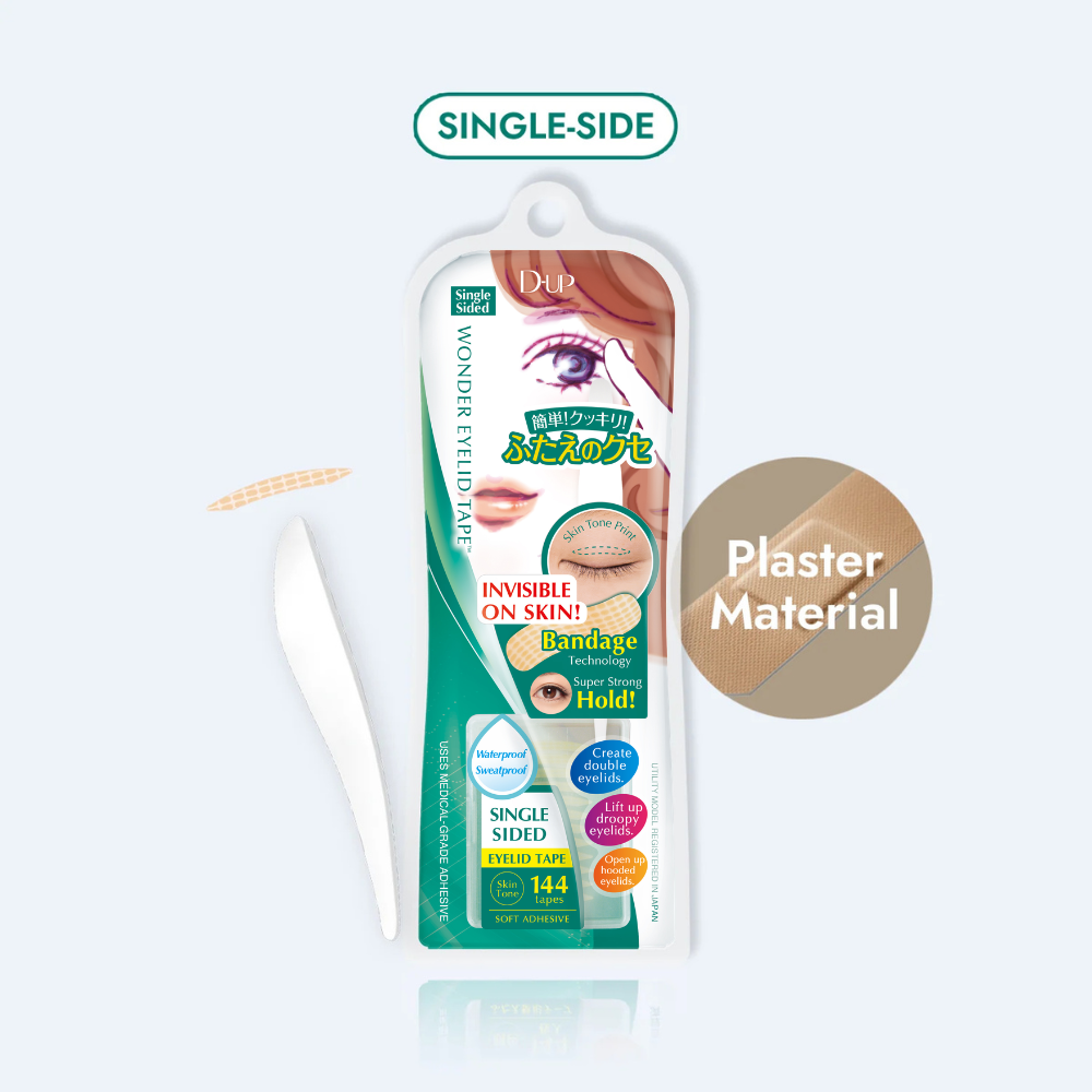 Single-sided temporary makeup patch stick shown in its retail packaging on a light gray background, with a white spatula tool and a beige circular callout reading 'Plaster Material'.