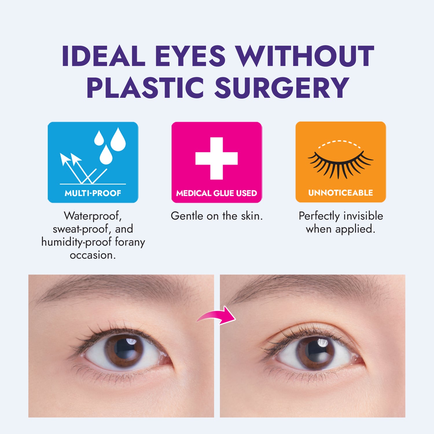 Advertisement for eye enhancement product with before and after images, and feature icons.