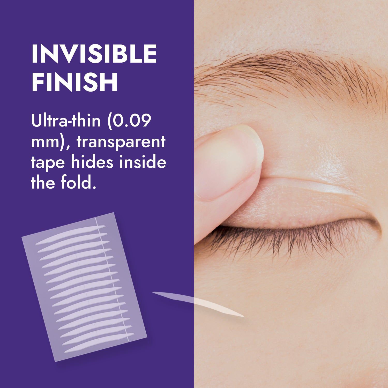 Eyelash extension with ultra-thin tape and text about 'Invisible Finish' on a purple background.