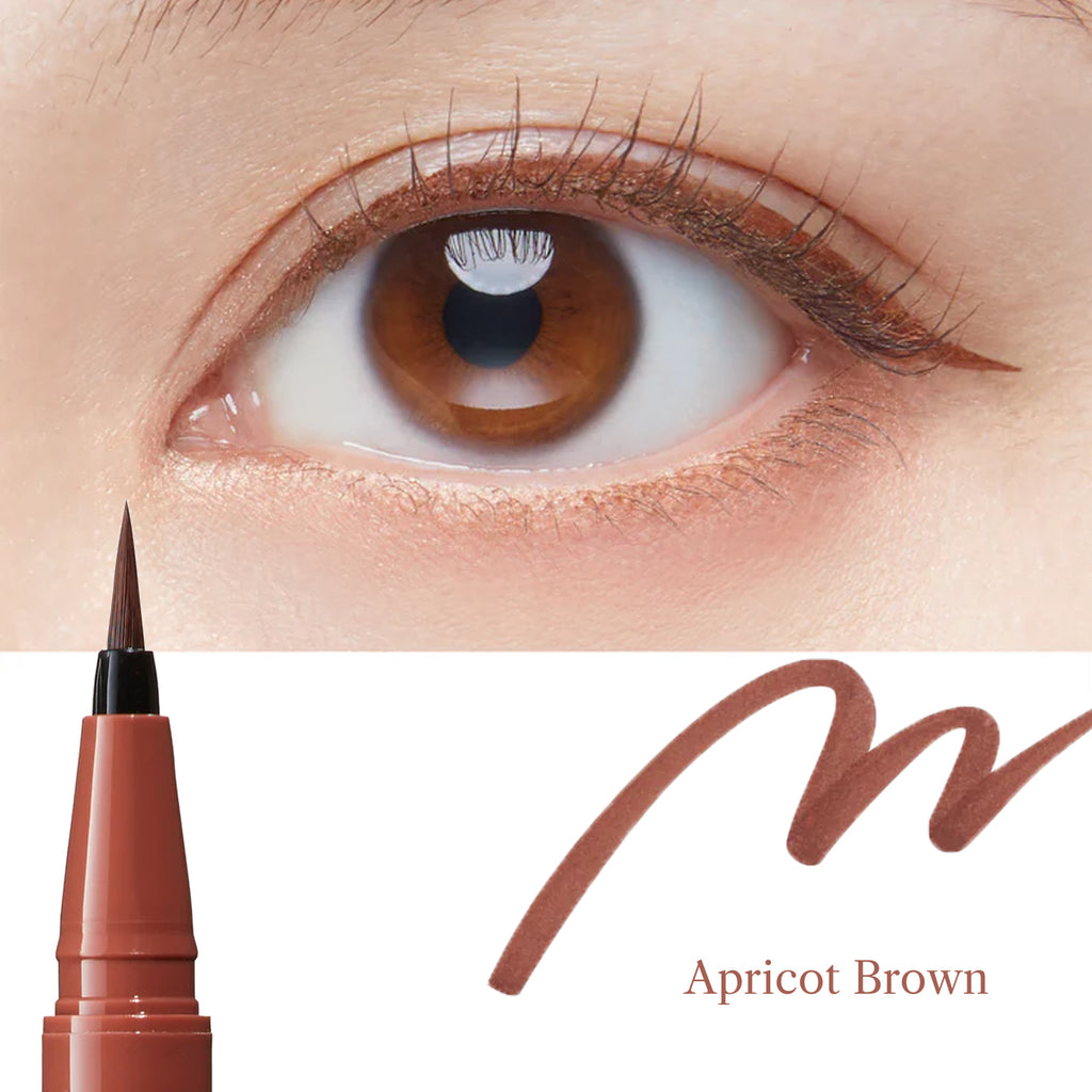Close-up of an eye with an apricot brown eyeliner pencil and color swatch.