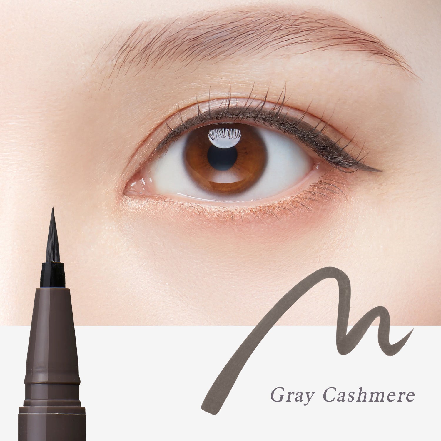 Eyeliner pen with an eye close-up and 'Gray Cashmere' text